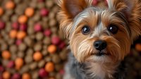 Yorkshire terrier puppy with bright blue eyes and silky fur looking at camera against blurred colorful background of dog food pellets and treats.