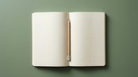 Open blank notebook with wooden pencil on sage green background, ready for writing, planning, journaling, education, and creative projects.