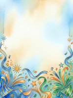Watercolor border frame with swirling blue and orange flourishes, stars, and decorative elements on white background. Isolated design ready for invitations, cards, posters, and creative projects.