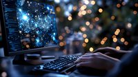 Hands typing on computer keyboard at night with glowing blue screen and bokeh lights in background, creating atmospheric cybersecurity or late work concept.