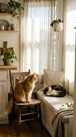 Cozy home interior with orange tabby and calico cats relaxing on wooden chair and beige sofa near window with natural light and houseplants.