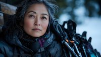 Middle-aged Asian woman with gray hair in winter jacket looking thoughtfully into distance, close-up outdoor portrait with ski equipment in snowy background.