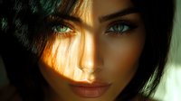Close-up portrait of young woman with striking blue eyes and dark hair, illuminated by warm golden sunlight creating dramatic shadows on her face.