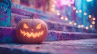Glowing jack-o-lantern pumpkin with carved face sits on urban steps with colorful bokeh lights creating festive Halloween atmosphere for seasonal decorations.