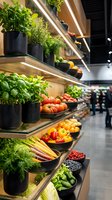 Modern grocery store produce section with fresh herbs in black pots, colorful vegetables and fruits displayed on wooden shelves with LED lighting for retail.