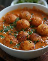 Homemade meatballs in creamy tomato sauce garnished with fresh herbs, served in white ceramic bowl. Close up view of traditional comfort food dish.