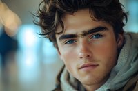 Young man with striking blue eyes and tousled dark hair wearing casual hoodie against blurred background. Close-up portrait with soft natural lighting captures contemplative expression.