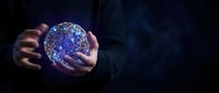 Hands holding glowing blue digital globe with network connections, representing global technology, data communication, and worldwide business connectivity.