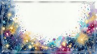 Colorful fireworks and sparkles burst across corners of white background with ornate frame borders, creating festive celebration atmosphere for holiday, new year, party, and event design projects.