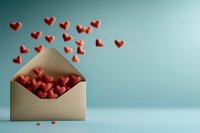 Open envelope filled with small red hearts spilling and floating against turquoise background, romantic love letter concept for Valentine's Day celebration.
