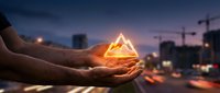 Hands holding glowing golden triangle symbol over blurred city lights at dusk. Concept for spiritual energy, sacred geometry, and mystical power in urban setting.