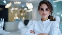 Young female medical professional in white uniform standing with confident pose and arms crossed in modern hospital or clinic setting with blurred bokeh background.