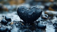 Wet black heart-shaped stone with water drops on dark moody background among small pebbles in rain, macro photography for Valentine's day cards and romantic designs.
