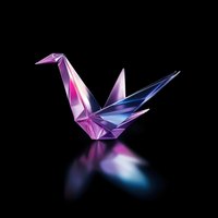Geometric origami crane in purple and blue gradient colors with reflection on black background, isolated design element for creative projects.