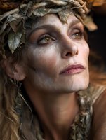 Mystical forest goddess woman with leaf crown and golden eyes in ethereal natural makeup for fantasy storytelling and spiritual themes.
