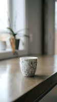 Ceramic cup with delicate branch pattern sitting on kitchen counter near window with potted plant and curtains in soft focus background.