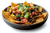 Loaded nachos with crispy tortilla chips, melted cheese, jalapeños, tomatoes, black beans, and fresh cilantro served in a cast iron skillet for appetizers or casual dining.