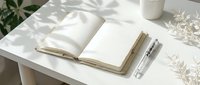 Open notebook with blank pages on white desk with pen, dried flowers, and plant in sunlight for writing, journaling, planning, and creative work.