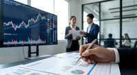 Business professionals analyzing financial data and market trends in modern office with charts and graphs on screen and documents.