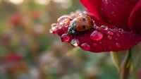 Orange ladybug with black spots resting on red flower petal covered in morning dew drops. Macro photography showcasing nature's delicate beauty and vibrant colors.