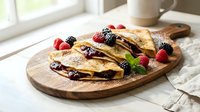 Delicious crepes filled with chocolate spread and fresh berries on wooden board, perfect for breakfast menu design and culinary marketing materials.