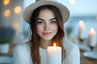 Young woman in white sweater and hat smiling warmly near glowing candle with bokeh lights in background, creating cozy romantic atmosphere.