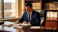 Young Caucasian businessman in navy suit reviewing financial statements at wooden desk in professional office with law library background.