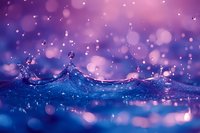 Mesmerizing water splash macro photography with purple and blue tones, bokeh light effects creating dreamy atmosphere. Dynamic liquid motion captured in high detail.