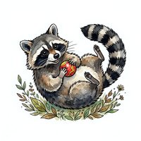 Playful raccoon holding striped ball surrounded by green foliage, isolated on white background, suitable for children's designs, apparel, and decorative projects.