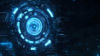 Glowing blue circular technology pattern with digital elements and futuristic interface design on dark background, suitable for tech presentations and digital concepts.