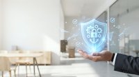 Businessman hand holding glowing digital security shield with gear icons and checkmarks in modern office environment for cybersecurity protection.