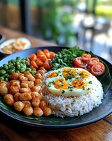 Healthy protein bowl with white rice, fried eggs, chickpeas in sauce, fresh green peas, cherry tomatoes and herbs served on dark plate for lunch or dinner.