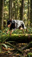 Doberman pinscher dog jumping over fallen log in sunlit forest during outdoor adventure training exercise with natural woodland background.