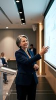 Confident mature businesswoman presenting in modern office boardroom with colleagues in background for corporate training and leadership development.