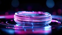 Glowing petri dish with neon pink and blue illumination on dark background creates futuristic science laboratory atmosphere with ripple effect and bokeh lights.
