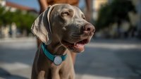 Silver Weimaraner dog with blue collar in urban setting, shallow depth of field portrait capturing canine's noble profile against blurred city background.