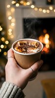 Cozy winter evening with hot chocolate cup held by hand near fireplace with warm bokeh lights creating festive holiday atmosphere for seasonal comfort.