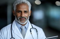 Confident mature medical professional with gray hair and beard wearing white coat and stethoscope holds clipboard while smiling at hospital corridor.