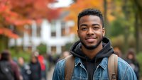 Young African American male college student smiling outdoors on campus during autumn, wearing casual denim jacket and hoodie with backpack against fall foliage.