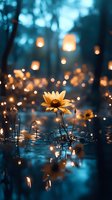 Yellow sunflower in dark moody water reflection with glowing lanterns and bokeh lights floating in mystical forest atmosphere at dusk, dreamy nature photography.