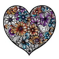 Colorful floral heart shape with intricate doodle flowers in purple, orange, blue, and white on isolated background. Perfect for greeting cards and love themes.