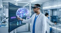 Male scientist using augmented reality headset to examine holographic brain model in modern medical research laboratory with advanced technology.