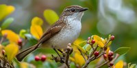 Small brown and white bird perched on flowering branch with yellow blooms, wildlife nature photography for ornithology, garden, and nature design projects.
