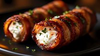 Bacon-wrapped cream cheese jalapeño poppers with crispy exterior and creamy filling, garnished with fresh herbs on dark plate.