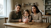 Happy Caucasian family of three sitting together at wooden kitchen table with piggy bank, teaching child about money savings and financial literacy.