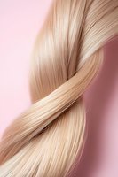 Smooth blonde hair strand twisted in elegant curve against pink background, showcasing natural shine and healthy texture for beauty and haircare advertising.