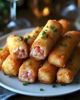 Crispy ham and cheese spring rolls stacked on white plate, garnished with fresh chopped chives. Close-up view shows melted filling and golden-brown exterior.