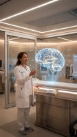 Female doctor examining holographic brain projection in modern medical laboratory for neuroscience research and artificial intelligence healthcare technology.