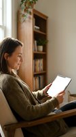 Woman in olive cardigan holding tablet with blank white screen, sitting in modern living room with wooden bookshelf and potted plant, suitable for app mockups and digital lifestyle content.