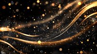Magical golden light waves with glowing particles and bokeh effects on black background, creating ethereal cosmic atmosphere for luxury designs.